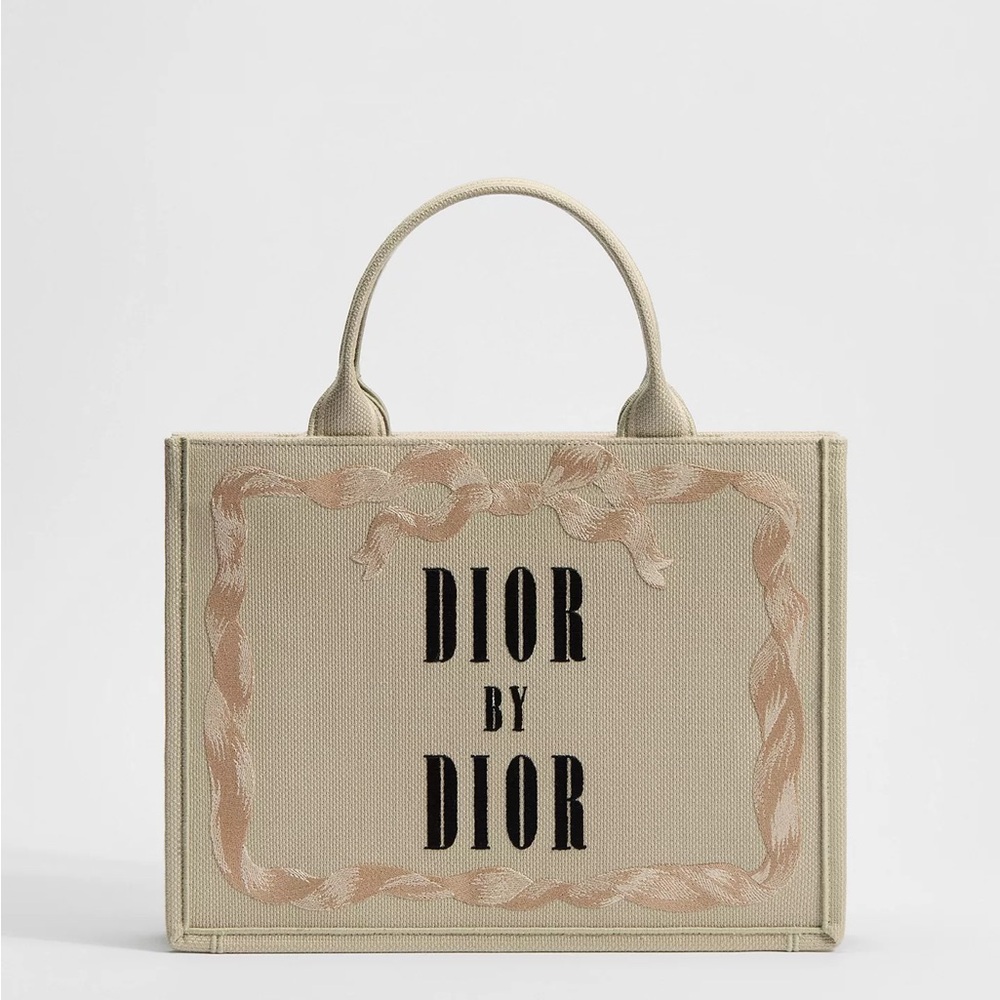 Dior Book Tote with Strap - Beige Canvas with Pink Ribbon Motif